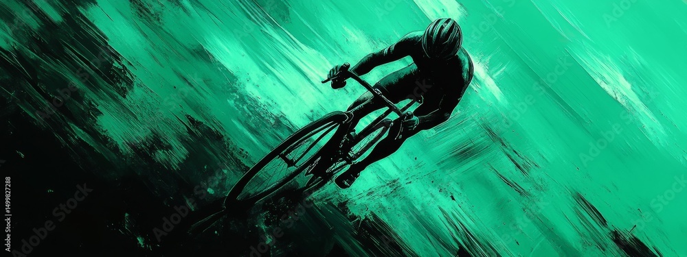 Fototapeta premium Graphic poster-style abstract with sharp brush strokes in green and black, designed for extreme cycling themes