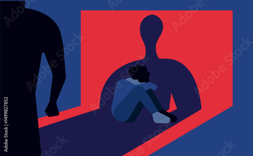 A scared person sitting in a room alone and a big shadow of abuser can be seen, concept illustration of violence