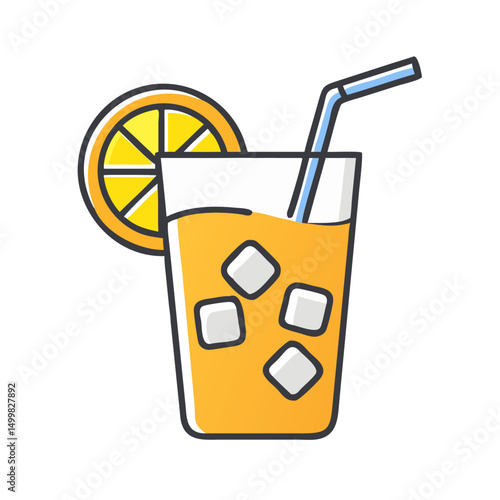 Orange Juice Glass with Ice Cubes and Lemon Slice

