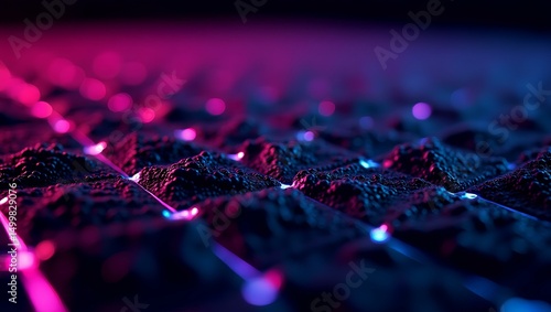 Vibrant Cybernetic Landscape: Abstract image showcases a futuristic, high-tech landscape with illuminated pathways and digital connection under a vivid, neon-lit sky.
