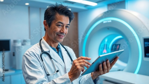Wallpaper Mural Doctor with digital tablet reviewing AI-powered diagnostics beside MRI machine in futuristic hospital Torontodigital.ca