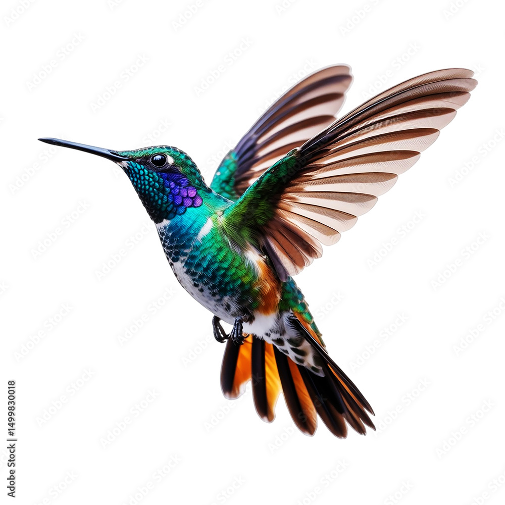 Obraz premium Vibrant Hummingbird in Flight – Colorful Bird Illustration on White Background