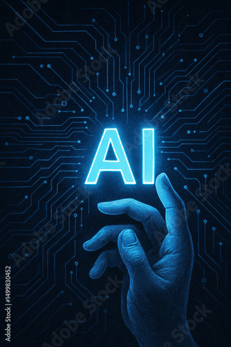 Futuristic Hand Interacting with AI Technology

A glowing human hand reaches out to interact with a bright “AI” symbol, surrounded by digital circuit lines. This futuristic illustration symbolizes the