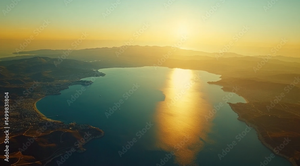 Fototapeta premium Golden sunset over a bay, mountain range visible