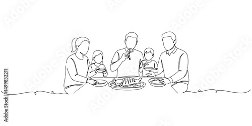 A continuous line drawing of a family sitting together enjoying a meal of sacrificial meat, representing togetherness and gratitude, the Islamic holy days, Eid al-Fitr, Eid al-Adha
