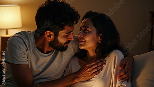 Shared Intimacy: A tender moment between a couple in the soft glow of lamplight, expressing love and connection.