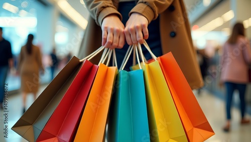 Retail Therapy: A person carrying shopping bags filled with colorful purchases, showcasing the joy of retail shopping and a moment of retail therapy. 