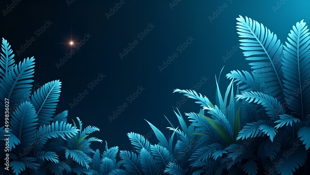 Obraz premium Tropical Night Scene: Lush tropical foliage bathed in an ethereal blue light, creating a serene and mysterious atmosphere.