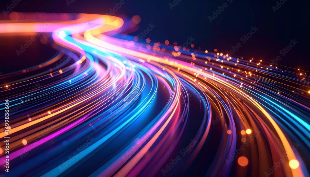 Vibrant streaks of colorful lights illuminate a highway at night creating an abstract and dynamic scene. Vibrant streaks of colorful lights illuminate a highway at night creating an abstract and dynamic scene.