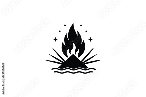 Mystical island silhouette burning flame celestial design