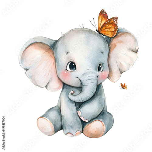 Cute baby elephant with butterfly.