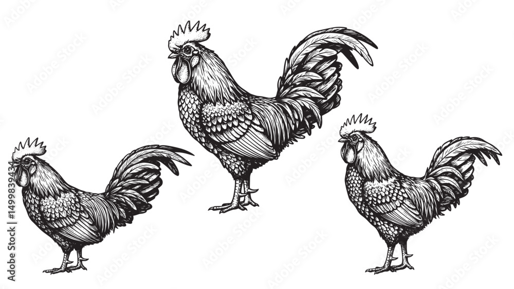 Fototapeta premium Side view of vintage rooster engraving detailed feathers standing upright bold traditional woodcut poultry style