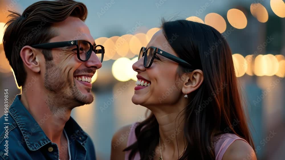 Happy couple wearing glasses smiling at each other outdoors at night Happy couple wearing glasses smiling at each other outdoors at night