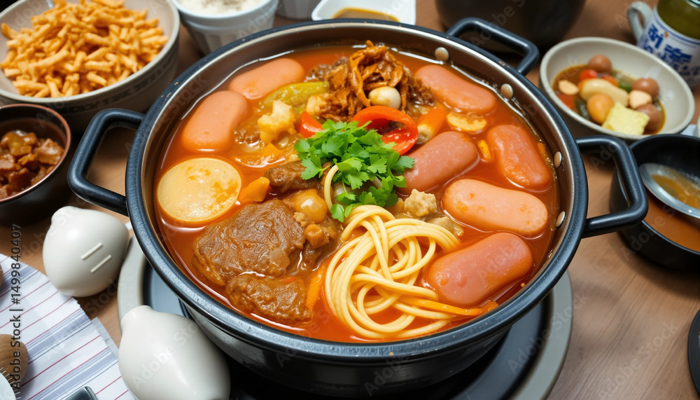 Budae jjigae or budaejjigae ( army stew or army base stew ). It is loaded with kimchi, spam, sausages, ramen noodles and much more - popular Korean hot pot food style. Budae jjigae or budaejjigae ( army stew or army base stew ). It is loaded with kimchi, spam, sausages, ramen noodles and much more - popular Korean hot pot food style.