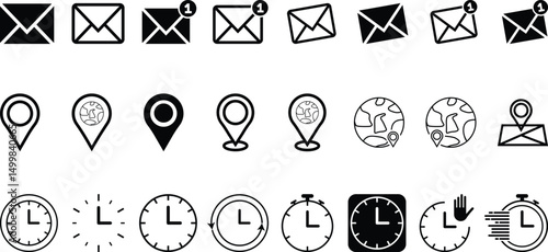 Icons set of Essential Communication, Time, and Location. Clean, graphic icons symbolizing email notifications, location pins, and timekeeping.