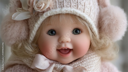 Adorable Baby Doll in Knitted Winter Hat and Scarf  A charming close-up portrait of a realistic blonde doll wearing a cozy pink outfit.