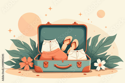 Suitcase filled with summer clothes and sandals on a light background with tropical leaves, copy space