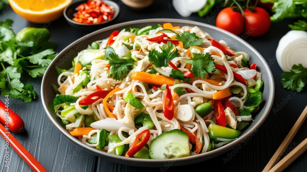 Delicious Bowl of Noodles Topped with Fresh Vegetables and Chops Delicious Bowl of Noodles Topped with Fresh Vegetables and Chops