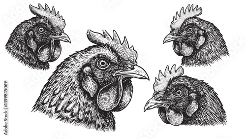 Vintage chicken head engraving with bold feather lines and comb detailed traditional rural poultry sketch