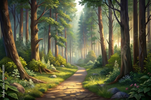 Sunlit Forest Path A Digital Painting of a Tranquil Woodland Scene