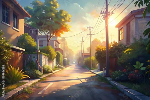 Serene Suburban Street at Sunrise Soft Sunlight, Lush Greenery, and Peaceful Atmosphere