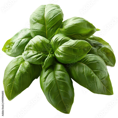 A close up of fresh basil leaves arranged together in a small bunch on transparent background