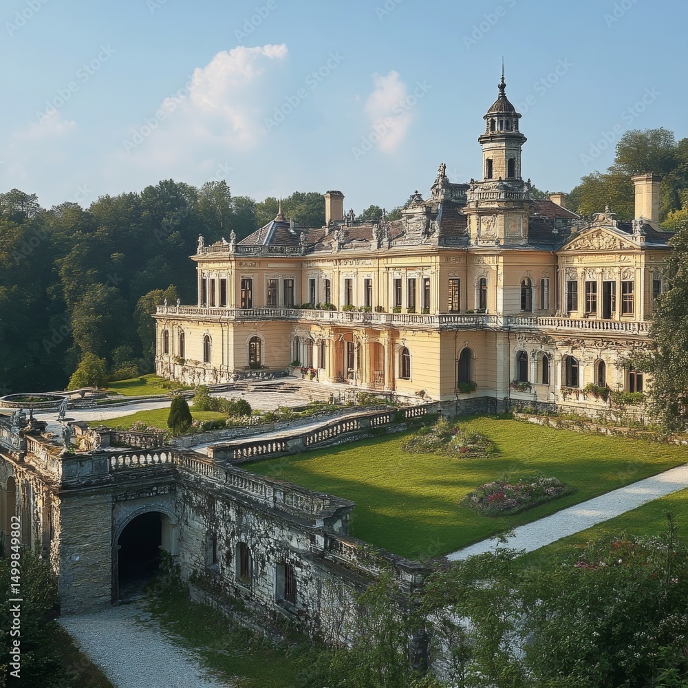Fototapeta premium A Timeless European Estate: A Glimpse of Opulence and History in a Neoclassical Palace with Lush Gardens Under a Bright Sunny Sky.