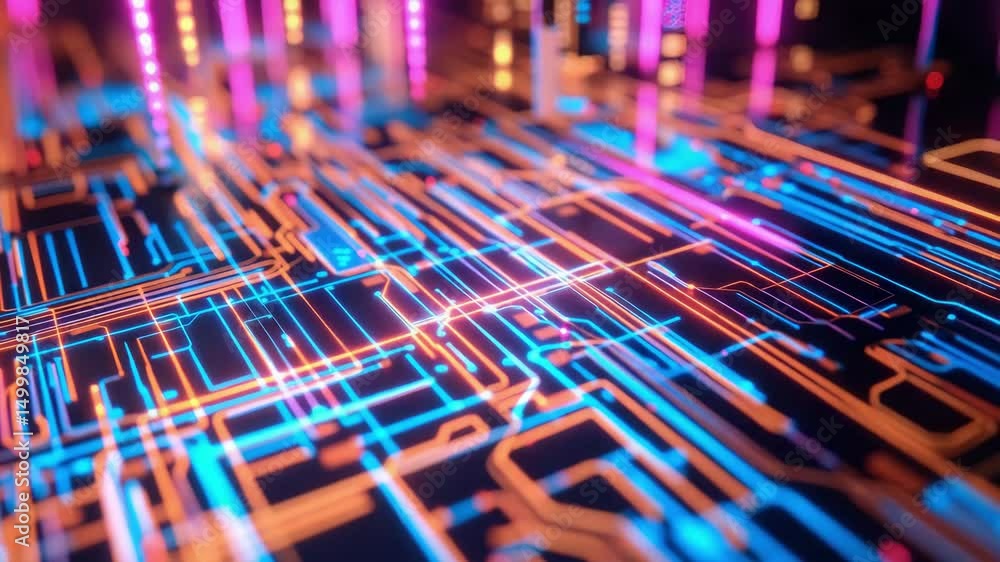 Purple, violet, blue neon background with digital integrated network technology. Printed circuit board. 3D illustration. Circuit board futuristic server code processing. PCB, Code, Purple, violet, blue neon background with digital integrated network technology. Printed circuit board. 3D illustration. Circuit board futuristic server code processing. PCB, Code,