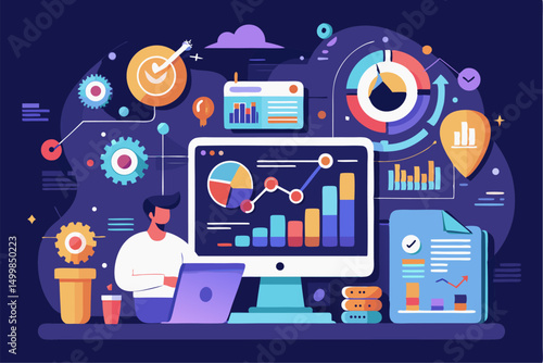 Business person interacting with a futuristic digital marketing interface, showcasing online advertising analytics, data charts, email marketing, and campaign performance metrics on a virtual screen. 