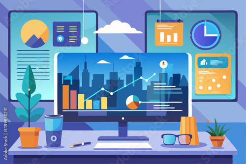 Business person interacting with a futuristic digital marketing interface, showcasing online advertising analytics, data charts, email marketing, and campaign performance metrics on a virtual screen. 