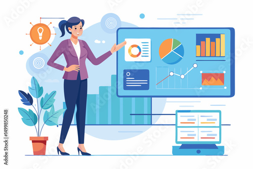 Business person interacting with a futuristic digital marketing interface, showcasing online advertising analytics, data charts, email marketing, and campaign performance metrics on a virtual screen. 