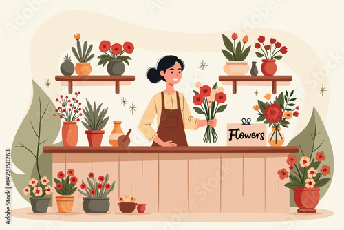 Florist arranging flowers in a shop with potted plants and a cheerful atmosphere, copy space
