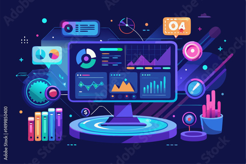 Business person interacting with a futuristic digital marketing interface, showcasing online advertising analytics, data charts, email marketing, and campaign performance metrics on a virtual screen. 