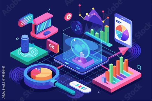 Business person interacting with a futuristic digital marketing interface, showcasing online advertising analytics, data charts, email marketing, and campaign performance metrics on a virtual screen. 