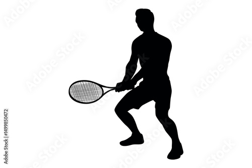 Silhouette of a male tennis player in action holding a racket ready to hit