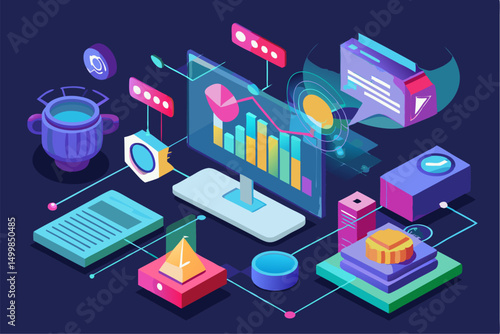 Business person interacting with a futuristic digital marketing interface, showcasing online advertising analytics, data charts, email marketing, and campaign performance metrics on a virtual screen. 