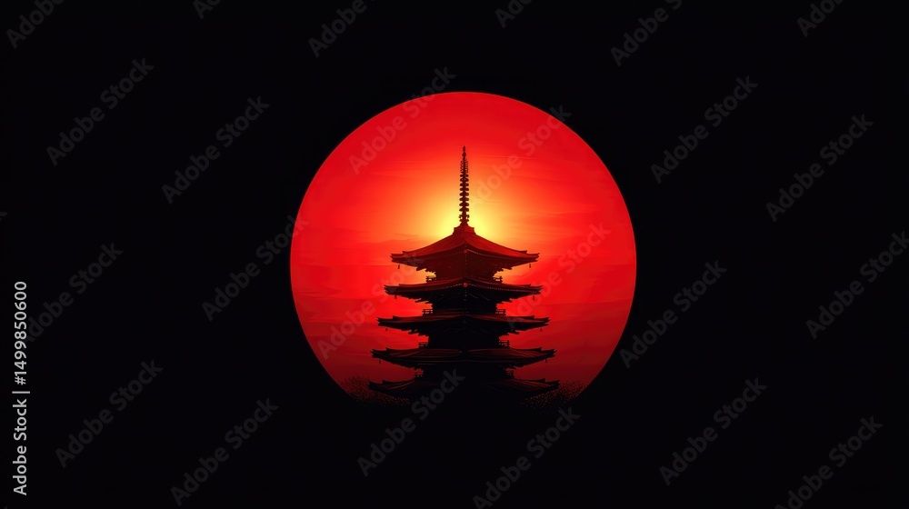 Pagoda silhouette against a vibrant red sun. Pagoda silhouette against a vibrant red sun.