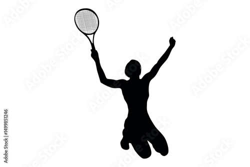 Silhouette of a triumphant tennis player raising racket and fist in celebration