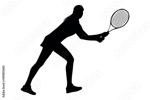 Silhouette of a female tennis player hitting a forehand shot on a white background