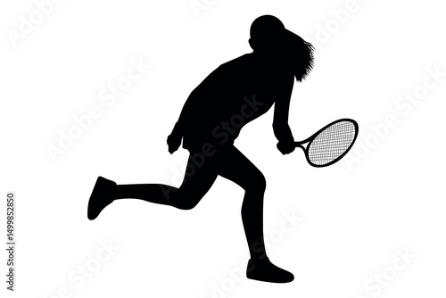 Silhouette of a tennis player running and swinging a racket on a white background