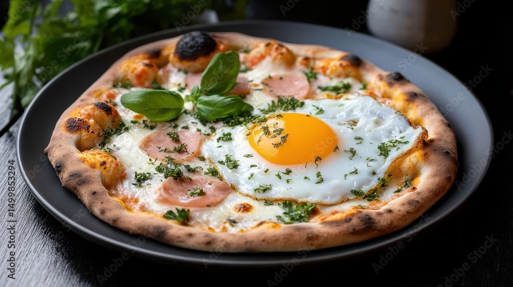 Delicious Pizza Topped with Fried Egg Fresh Ingredients and Savory Flavor Delicious Pizza Topped with Fried Egg Fresh Ingredients and Savory Flavor
