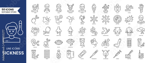 Sickness line editable icon set. Containing fever, allergy, sneeze, infection, diarrhea, flu, pain, dizziness and more. Vector illustration
