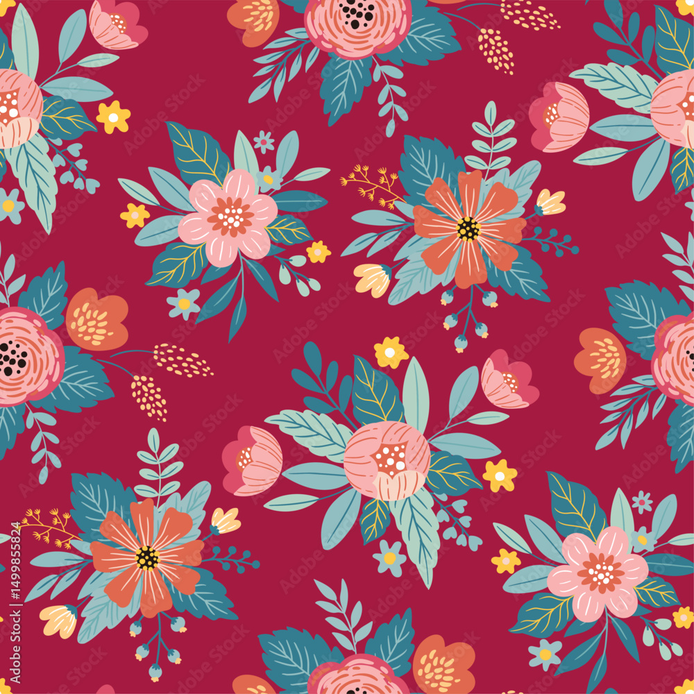 custom made wallpaper toronto digitalSeamless vector pattern with bright colorful flowers on a vibrant pink background. Bold and cheerful floral design perfect for fabric, wallpaper, wrapping paper, and spring-summer themed projects.