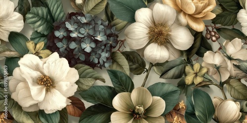 Vintage Botanical Seamless Pattern with Flowers and Leaves in Muted Colors