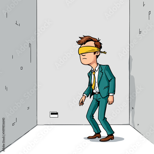 Vsai blindfolded businessman searching for credit card in empty room