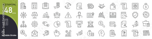 Accounting related icons set. Including budget, tax, invoice, calculator, finance, audit, balance, and ledger. Editable stroke. outline icons.
