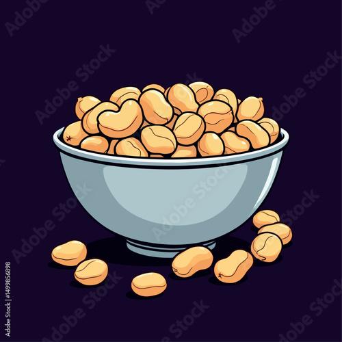 Vsai bowl overflowing with roasted soybeans on dark background