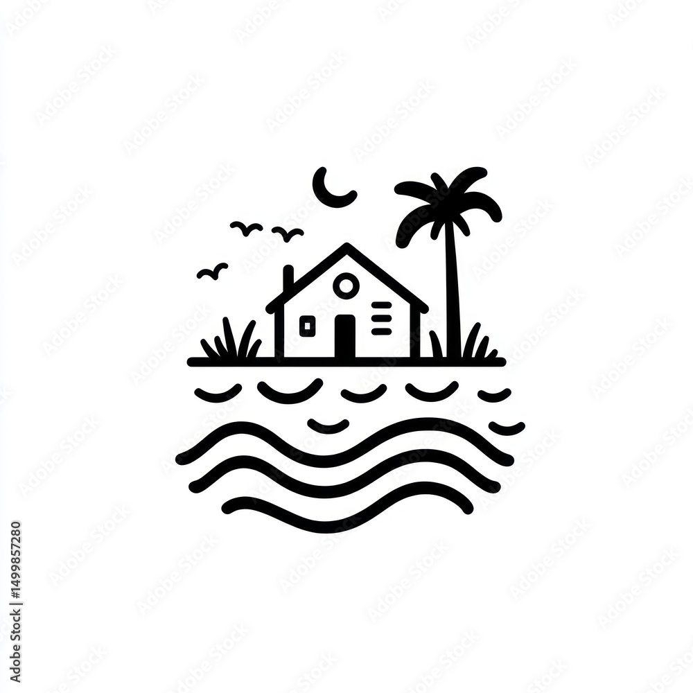 Obraz premium Coastal house illustration, night scene, calm water, tropical getaway