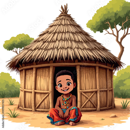 Vsai smiling child sitting outside traditional hut