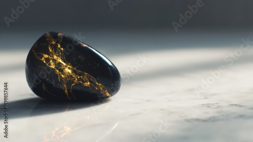 Polished obsidian stone with glowing natural golden veins on marble